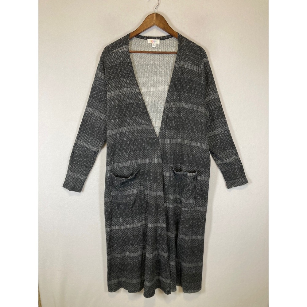 Cozy Ribbed LuLaRoe XL Grey Striped Caroline Longline Duster Cardigan Pockets